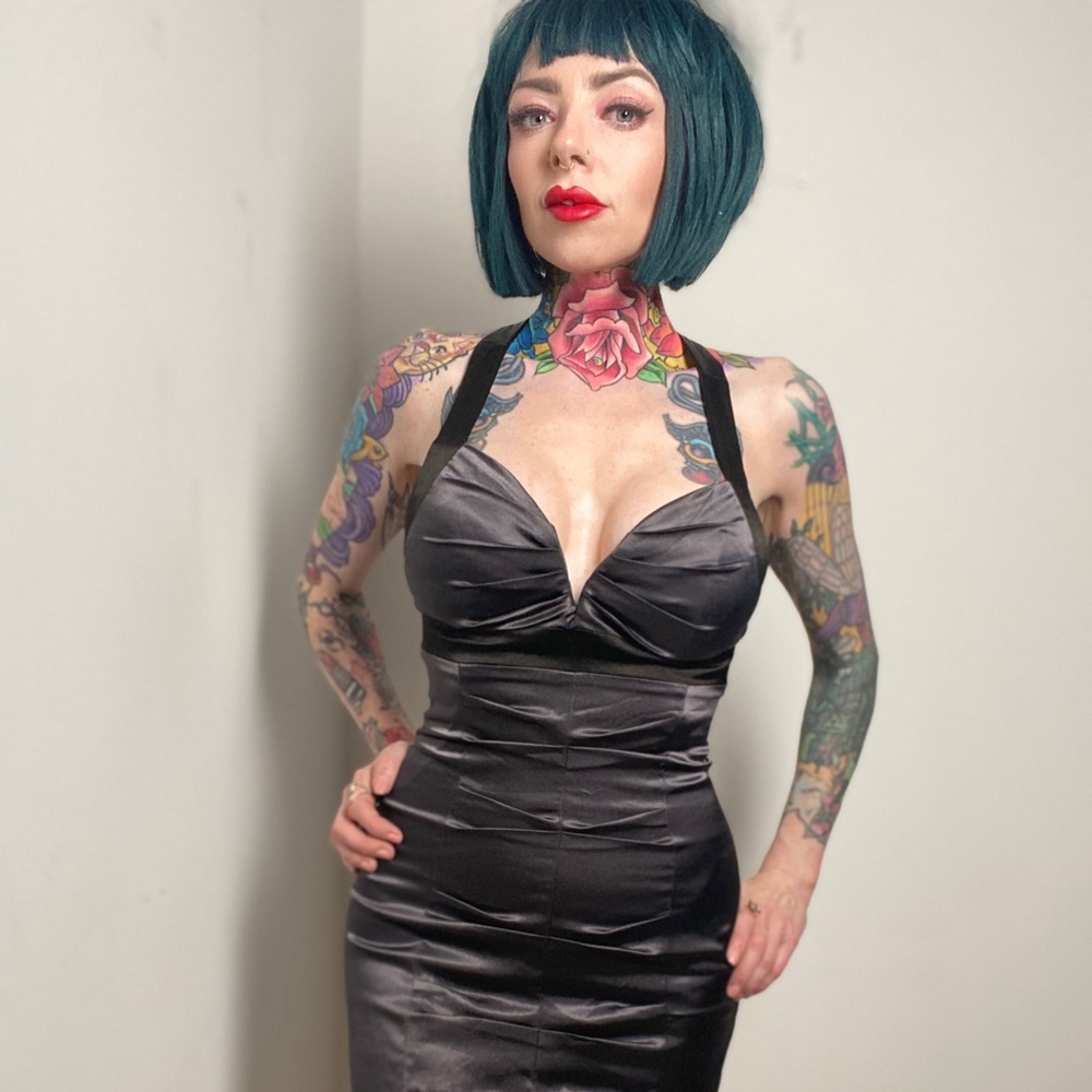 Satin grey and black dress.